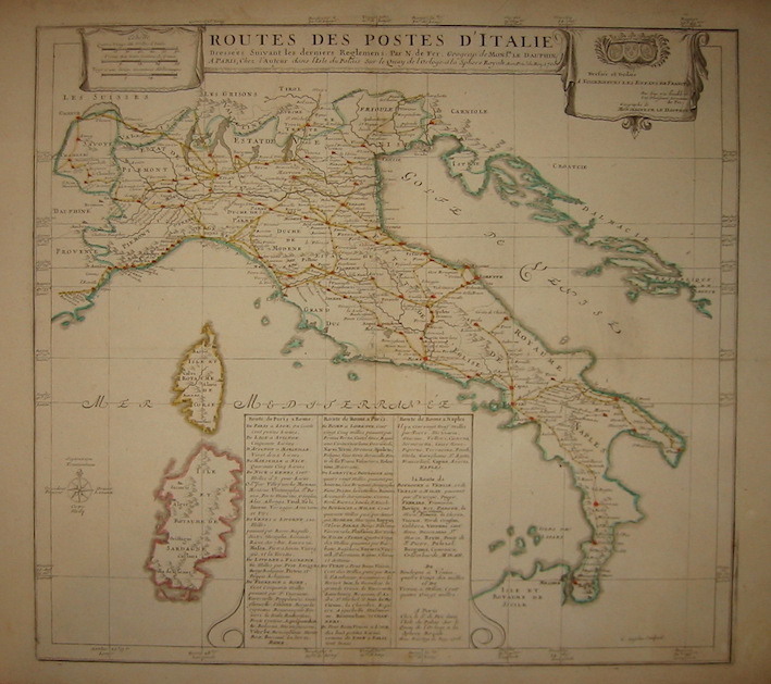 De Fer Nicolas (1646-1720) Routes des Postes d'Italie. Dressées suivant les derniers Reglemens 1705 Parigi 